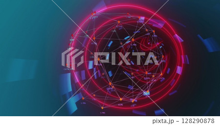 Image of digital interface with network of connections with glowing pink tunnel 128290878