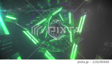 Image of digital interface with globe of network of connections in green glowing tunnel 128290880