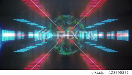 Image of digital interface with globe of network of connections in glowing tunnel Image of digital interface with globe of network of connections in glowing tunnel 128290881