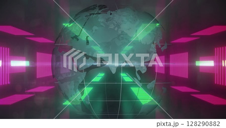 Image of digital interface with globe of network of connections in pink glowing tunnel Image of digital interface with globe of network of connections in pink glowing tunnel 128290882