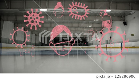 Image of coronavirus cells and icons floating over empty ice rink Image of coronavirus cells and icons floating over empty ice rink 128290906