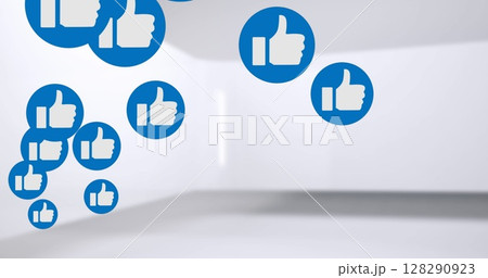 Image of multiple thumbs up like icons moving against white background 128290923