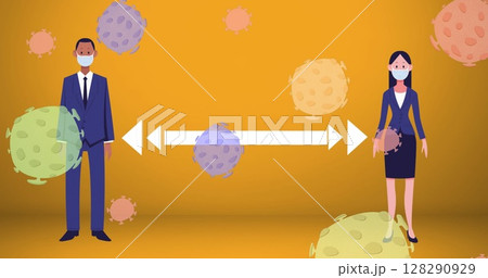 Image of people wearing face masks social distancing with cells and arrow on orange background Image of people wearing face masks social distancing with cells and arrow on orange background 128290929