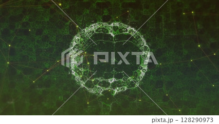 Digital image of network of connections over spinning digital brain on green background Digital image of network of connections over spinning digital brain on green background 128290973