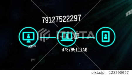 Image of three digital interface icons, data processing and numbers changing Image of three digital interface icons, data processing and numbers changing 128290997