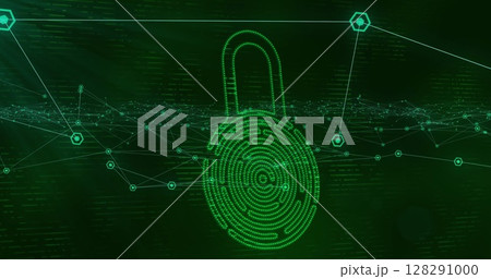 Image of green online security padlock over network of connections on green background 128291000