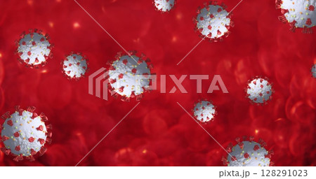 Image of covid 19 cells floating over multiple red blood cells in background 128291023