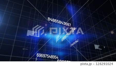 Image of number changing and data processing over grid on glowing blue background Image of number changing and data processing over grid on glowing blue background 128291024
