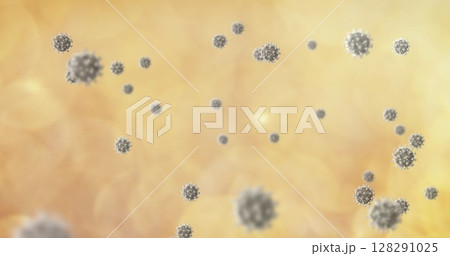 Image of covid 19 cells floating on yellow clouds of smoke in background 128291025