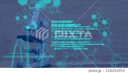 Image of medical data processing and chemical compound structures with microscope in the background 128291053