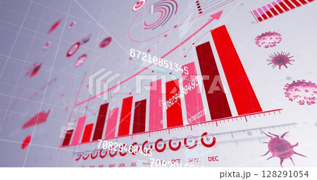 Image of multiple changing numbers floating against statistical data processing on grey background Image of multiple changing numbers floating against statistical data processing on grey background 128291054