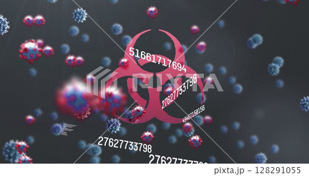 Digital image of multiple changing numbers floating over cells against biohazard symbol 128291055