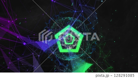 Green concentric hexagons on 3d structure in sphere with purplel shapes floating on black background 128291085