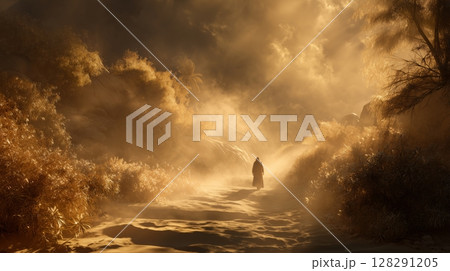Moses walking through a misty landscape during a golden hour experience in a secluded area surrounded by nature 128291205