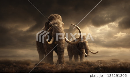 Two majestic woolly mammoths stand in a dramatic landscape under a stormy sky, showcasing their impressive tusks 128291206