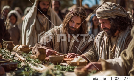 Biblical reenactment of a communal meal depicting the resurrection and forgiveness during Easter celebrations 128291275