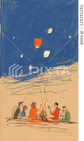 Friends enjoying a beach campfire night with glowing lanterns under a starry sky 128291281