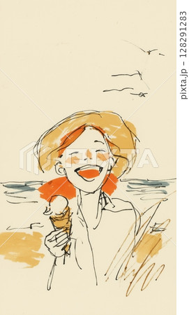 Girl with freckles joyfully enjoying melting ice cream cone by the beach on a sunny day 128291283