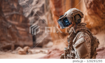 Soldier utilizes augmented reality technology in a desert environment during military operations Soldier utilizes augmented reality technology in a desert environment during military operations 128291293