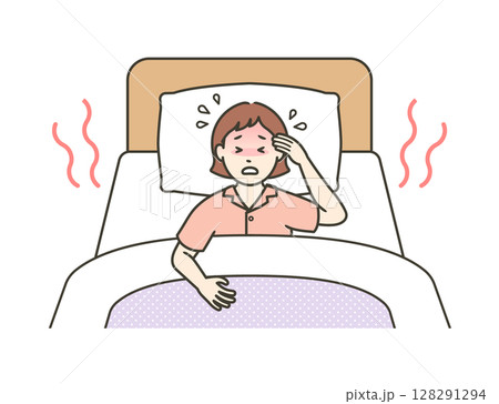 ベッドで寝ている若い女性が熱帯夜に汗をかき寝苦しそうにしているイラスト ベッドで寝ている若い女性が熱帯夜に汗をかき寝苦しそうにしているイラスト 128291294