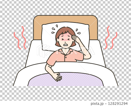 ベッドで寝ている若い女性が熱帯夜に汗をかき寝苦しそうにしているイラスト ベッドで寝ている若い女性が熱帯夜に汗をかき寝苦しそうにしているイラスト 128291294