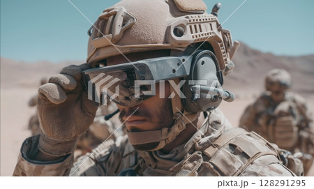 Soldier utilizes augmented reality technology in desert operation while wearing camouflage gear and helmet during military mission Soldier utilizes augmented reality technology in desert operation while wearing camouflage gear and helmet during military mission 128291295