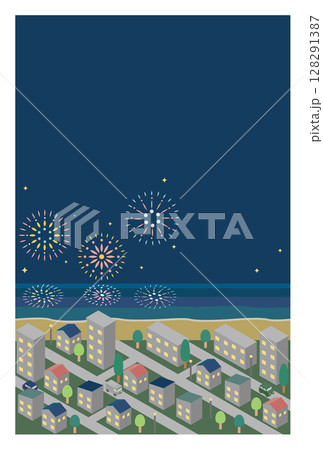 アイソメトリックな夏の花火の街並みの暑中見舞いと残暑見舞い文字無ハガキテンプレート素材 アイソメトリックな夏の花火の街並みの暑中見舞いと残暑見舞い文字無ハガキテンプレート素材 128291387