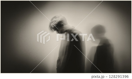 Ghostly reflection capturing torment and sorrow in a dimly lit, monochrome environment 128291396