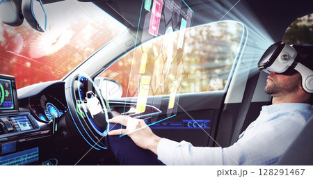 Image of interactive screen over businessman wearing vr headset in self driving car 128291467