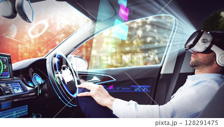 Image of icons over businessman wearing vr headset in self driving car Image of icons over businessman wearing vr headset in self driving car 128291475
