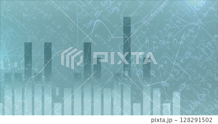 Image of statistics and lines recording over mathematical equations Image of statistics and lines recording over mathematical equations 128291502