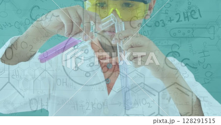 Image of chemistry data and drawings over boy using test tubes in laboratory Image of chemistry data and drawings over boy using test tubes in laboratory 128291515