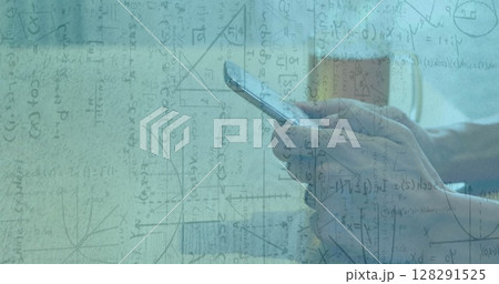 Image of mathematical formulae over man using smartphone Image of mathematical formulae over man using smartphone 128291525