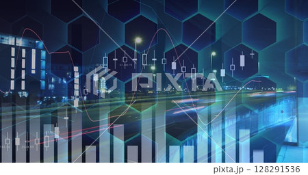 Image of financial data processing over hexagons and cityscape at night 128291536