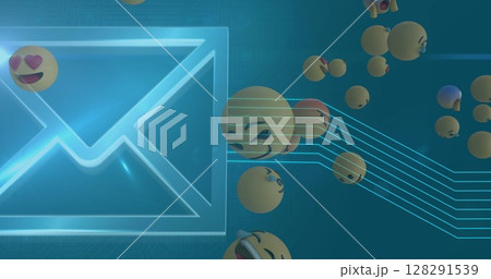 Image of digital envelope icon and emoji icons with blue lines Image of digital envelope icon and emoji icons with blue lines 128291539