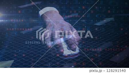 Image of cyber attack warning text over man using mouse Image of cyber attack warning text over man using mouse 128291540