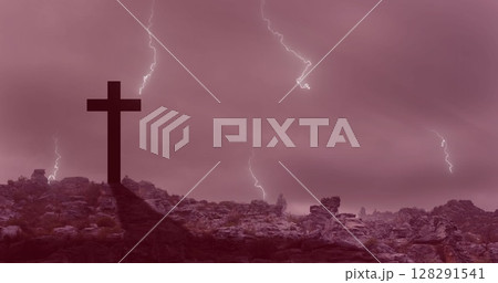 Digital composition of thunder effect over cross against clouds in the sky Digital composition of thunder effect over cross against clouds in the sky 128291541