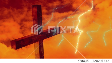Digital composition of thunder effect over cross against clouds in the sky Digital composition of thunder effect over cross against clouds in the sky 128291542