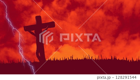 Digital composition of thunder effect over crucifix on cross against clouds in the sky Digital composition of thunder effect over crucifix on cross against clouds in the sky 128291544