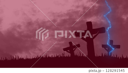 Digital composition of thunder effect over crucifix on cross against clouds in the sky 128291545