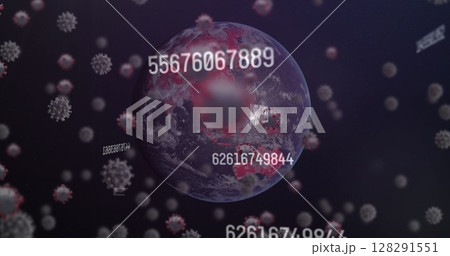 Digital image of multiple changing numbers and covid-19 cells floating against globe Digital image of multiple changing numbers and covid-19 cells floating against globe 128291551