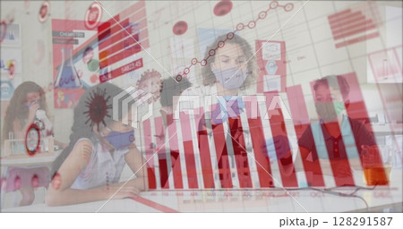 Image of statistics with teacher and children in class wearing face masks Image of statistics with teacher and children in class wearing face masks 128291587