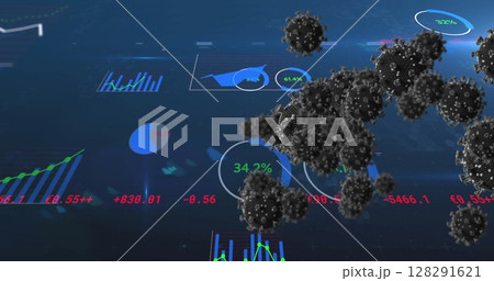 Image of covid 19 cells and data processing on blue background 128291621
