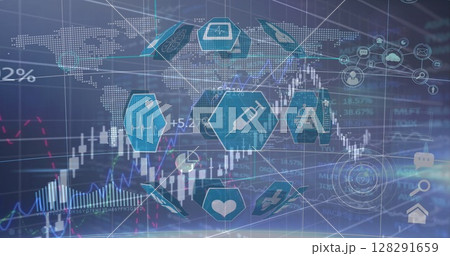 Image of ball made of medical icons spinning with graphs rolling over a world map Image of ball made of medical icons spinning with graphs rolling over a world map 128291659