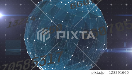 Image of numbers changing over globe with network of connections in background Image of numbers changing over globe with network of connections in background 128291660