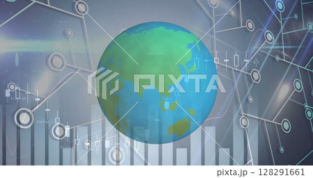 Image of globe spinning with graph rolling over microprocessor connections 128291661