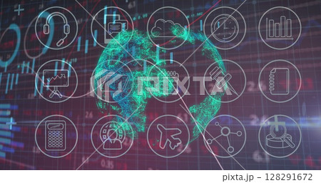 Image of a globe made of connections spinning with graphs rolling over technological icons 128291672