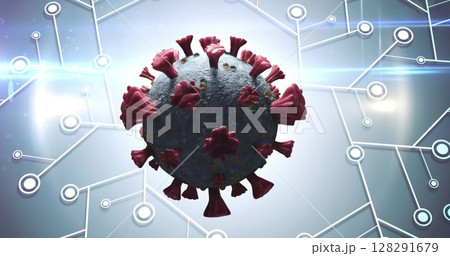Image of a covid cell spinning over microprocessor connections Image of a covid cell spinning over microprocessor connections 128291679
