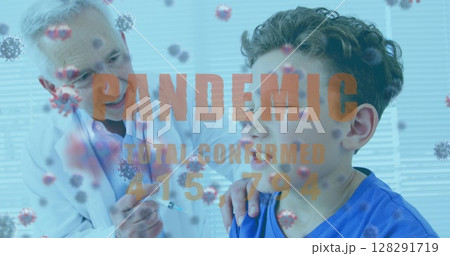 Image of word pandemic with total confirmed rising numbers and doctor giving vaccination to boy 128291719