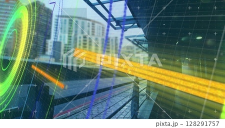 Digital composite of image of round scope scanner over grid network against city traffic 128291757